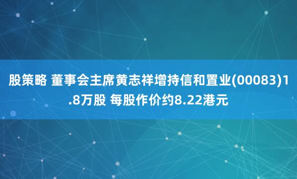 股策略 董事会主席黄志祥增持信和置业(00083)1.8万股 每股作价约8.22港元